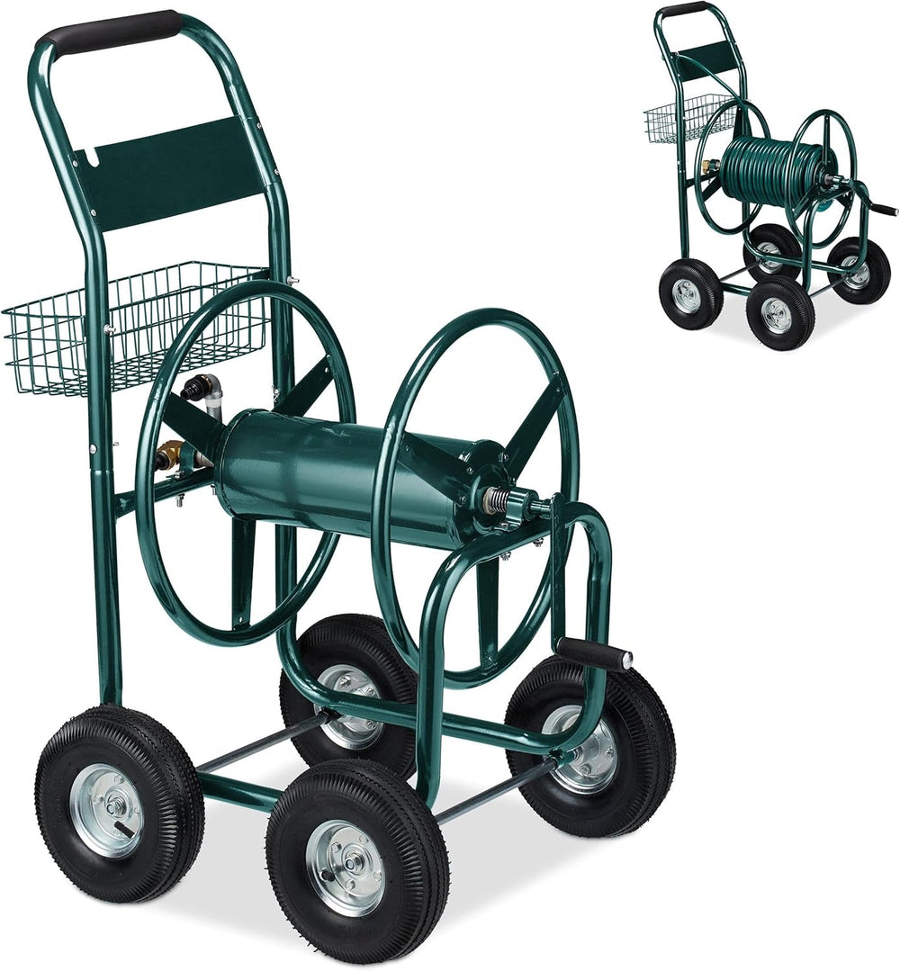 Cărucior furtun Relaxdays, până la 90 m, 4 anvelope pneumatice, cuplaj clic, rolă metalică pentru furtun, distribuitor furtun cu coș, verde