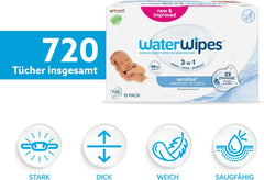 Șervețele umede WaterWipes Sensitive+ pentru nou-născuți și bebeluși, 720 bucăți (12 pachete), curățare, îngrijire, protecție 3 în 1, 99,9% apă, fără parfum