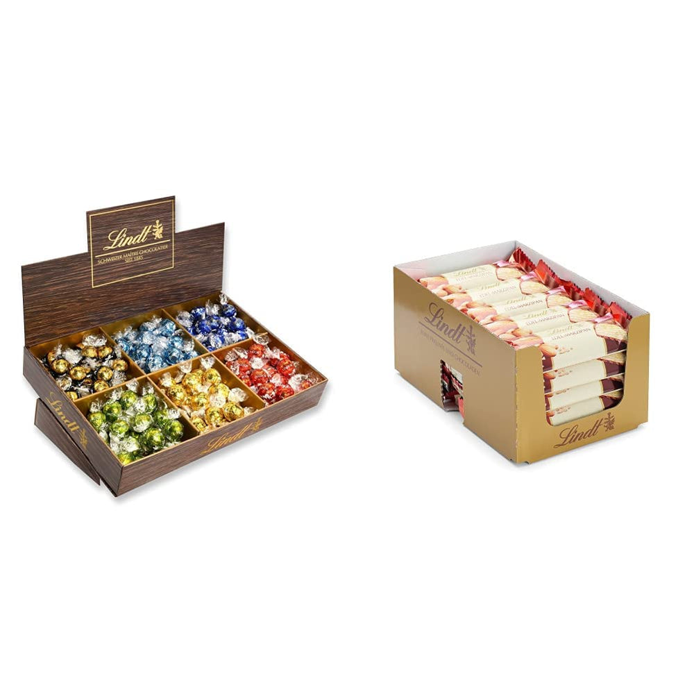 Prezentare de blat Lindor cu ciocolată | 1718 g și batoane de ciocolată cu marțipan | 25 batoane x 50 g într-un prezentare de blat | 1250 g | Marțipan pur acoperit cu ciocolată neagră | Batoane de ciocolată