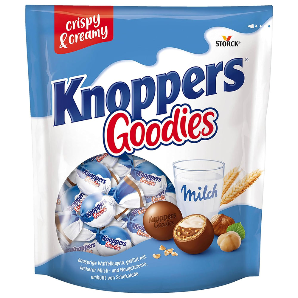 Knoppers Goodies Crunchy Minis – 1 x 180g – bile crocante de napolitană umplute cu bucăți de alune, lapte și cremă de nuga, acoperite cu ciocolată
