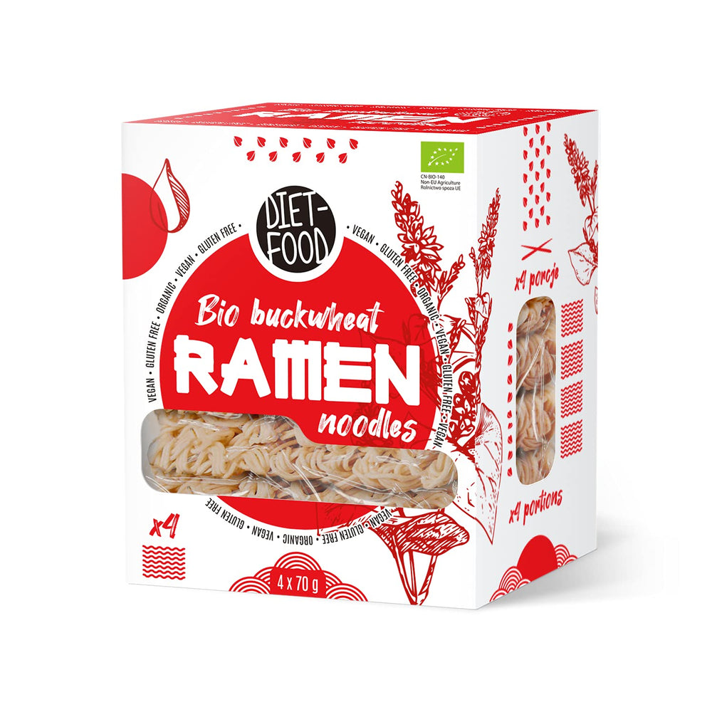 DIET-FOOD Tăiței ramen organici din hrișcă, hrană vegetariană și vegană, fără grăsimi, fără soia, fără gluten, tăiței dietetici solubili în apă, conținut scăzut de calorii, 280 g