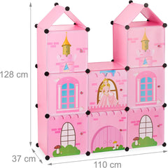 Raft modular Relaxdays pentru camere de copii, design castel prințesă, plastic, dulap DIY cu uși, HL: 128 x 110 x 37 cm, roz