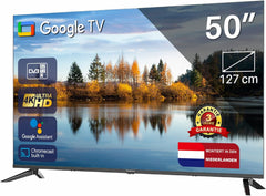 TEEVIEW Google Smart TV | 4K UHD | 50”/127cm | Design fără ramă | Tuner triplu DVB-T/T2/S/S2/C | • HDMI x3, USB x2, CI+ | Control vocal și aplicații de streaming | Asamblat în Eindhoven | TV50QUG-EU