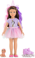 Corolle 9000600030 - Girls Luna Einhorn Set, Ankleidepuppe im Sommeroutfit mit Hund, mit Haarband, Ohrringe und extra Gummistiefel, 28cm Spielpuppe mit Vanilleduft, ab 4 Jahren