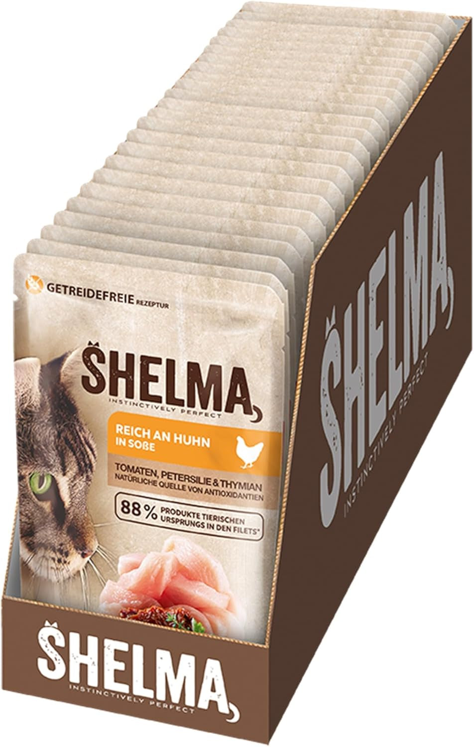 Hrană umedă pentru pisici Shelma cu pui în sos cu roșii și ierburi – Hrană completă fără cereale cu conținut ridicat de carne – 28 x 85 g (2,38 kg)