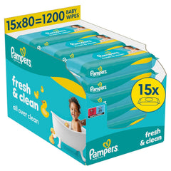 Șervețele umede Pampers Fresh Clean, 15 pachete a câte 80 de șervețele, 1200 de șervețele în total, parfum ușor, potrivite și pentru mâini și față