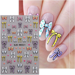 JMEOWIO Nagelsticker Bunte Herz Schleife 6 Blatt Nail Art Sticker Selbstklebend Nagelaufkleber Dekoration Nageldesign Zubehör