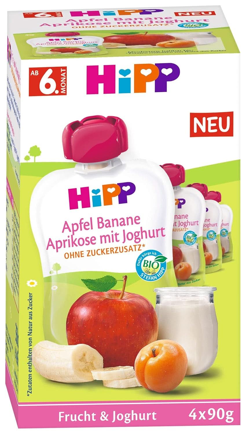 Hipp Organic Fructe și Iaurt Măr Banane Caise cu Iaurt 4 x 90 g, pachet de 4 (4 x 4 x 90 g) Mama si Copilul Naty Shop