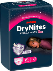 Scutece Huggies DryNites Nighttime pentru enurezis, pentru fete cu vârsta cuprinsă între 13 și aproximativ 17 ani (48-60 kg), 27 bucăți (3x9), pachet lunar, scutece-chiloți