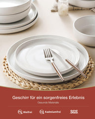 Set de veselă Milkyway, set de farfurii cu 18 piese, set de veselă din gresie pentru 6 persoane cu farfurii de cină, farfurii de desert, boluri pentru cereale, potrivit pentru cuptorul cu microunde și mașina de spălat vase, alb