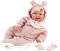 Llorens 1018480 Babypuppe Tala, mit braunen Augen und weichem Körper, Baby Puppe inkl. flauschigem rosa Winter-Outfit, Schnuller, Schnullerkette, 44 cm