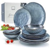 SÄNGER | Set de veselă Darwin cu 12 piese, set de veselă din gresie pentru 4 persoane, set de farfurii albastre care include farfurii de cină, farfurii de desert și farfurii de supă, set de veselă lucrat manual | COLECȚIA PREMIUM
