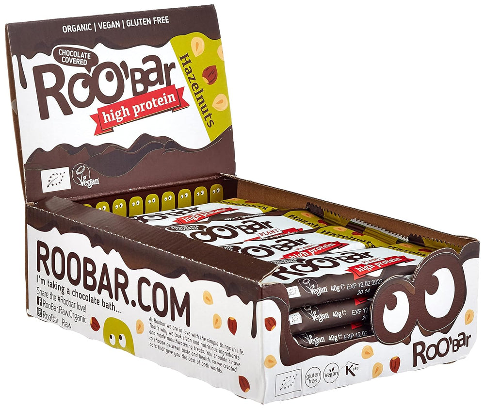 Batoane cu alune de pădure bogate în proteine și glazură de ciocolată – 100% organice, vegane, batoane cu fructe, fără lactate și gluten, fără zahăr rafinat – 16 batoane x 40g