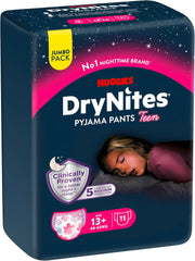 Scutece Huggies DryNites Nighttime pentru enurezis, pentru fete cu vârsta cuprinsă între 13 și aproximativ 17 ani (48-60 kg), 33 de bucăți (3 x 11), pachet lunar Jumbo, chiloți de scutece XL