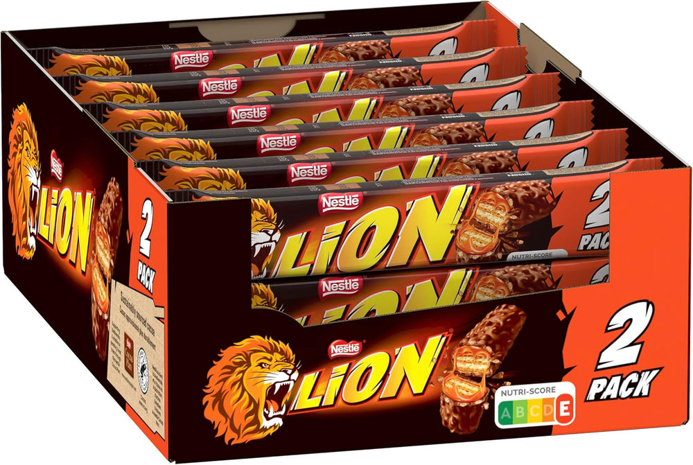 Baton de ciocolată Nestlé LION cu caramel, gustare crocantă, ciocolată crocantă și chipsuri crocante, umplutură de caramel, o experiență specială de îmbucătură, pachet multiplu, pachet de 28 (2 x 30g fiecare)