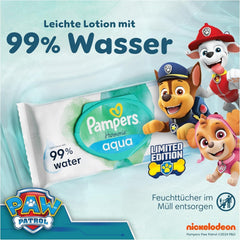 Șervețele umede Pampers Harmony Aqua pentru bebeluși, Patrula Cățelușilor, 15 pachete a câte 48 de șervețele, 720 de șervețele umede pentru bebeluși care ajută la restabilirea echilibrului natural al pH-ului pielii, loțiune ușoară cu 99% apă