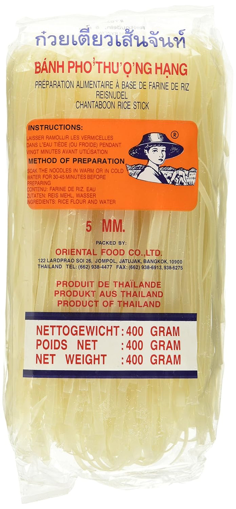 Tăiței de orez – thailandezi, tăiței panglică de orez cu lățimea de 5 mm, preparați din făină de orez – 17 x 400 g