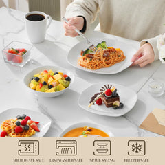 Set de veselă MALACASA pentru 4 persoane, serviciu de masă cu 16 piese din porțelan alb, set de veselă modern cu 4 farfurii de cină, farfurii de desert, farfurii de sumă și cești, seria ELISA