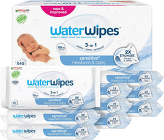 Șervețele umede WaterWipes Sensitive+ pentru nou-născuți și bebeluși, 540 bucăți (9 pachete), curățare, îngrijire, protecție 3 în 1, 99,9% apă, fără parfum