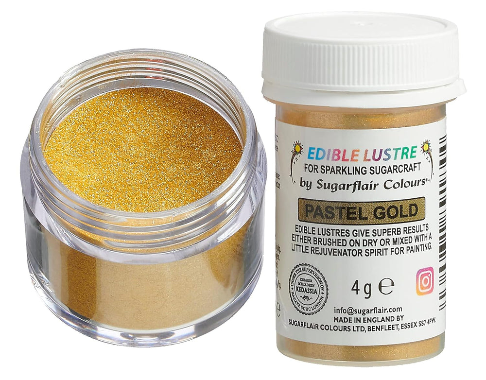 Colorant alimentar comestibil Sugarflair, culoare auriu pastel - Pudră lucioasă alimentară pentru prăjituri, brioșe, ciocolată, produse de patiserie, deserturi, înghețată, băuturi, cocktailuri și multe altele - 4g