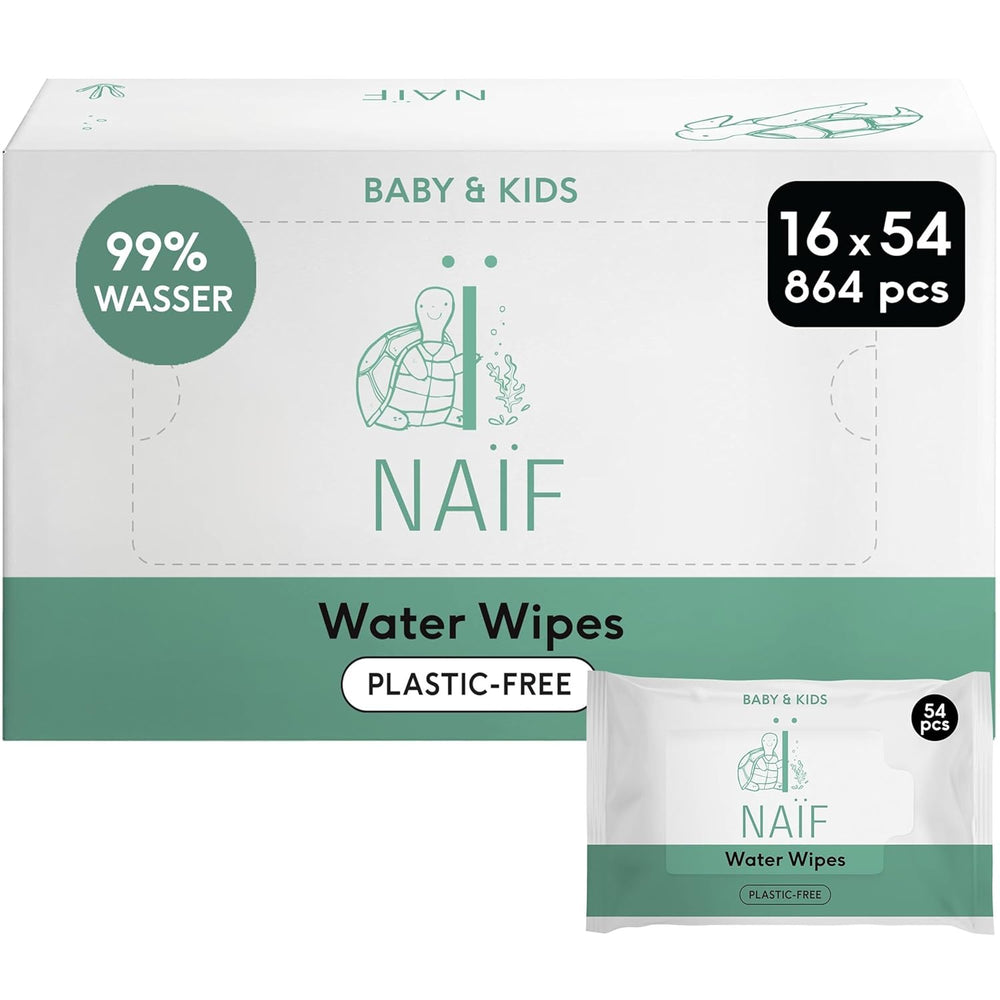 Naïf - Șervețele umede fără plastic - 864 bucăți (16 pachete a câte 54 de șervețele) - Îngrijire pentru fundulețul, corpul și fața bebelușului - 99% apă - 0% parfum și alcool