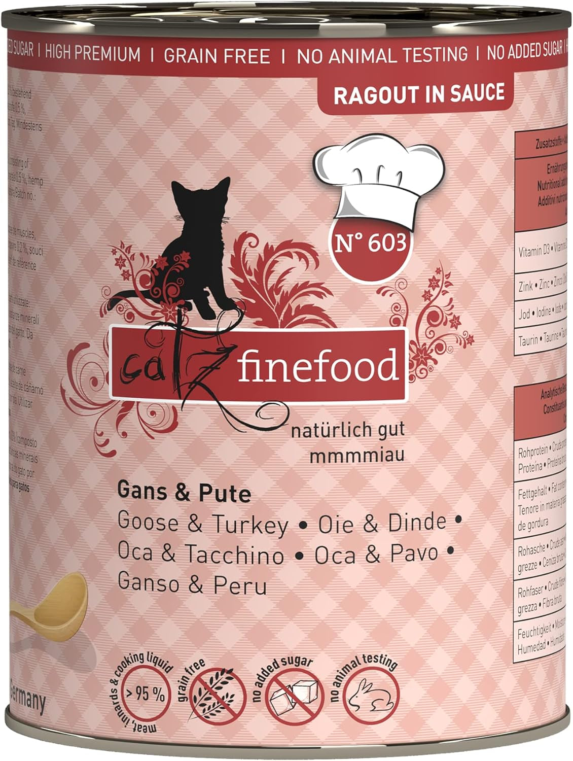 Catz Finefood Ragout N° 605 Salmon & Duck Cat Food Wet - hrană umedă delicatessen pentru pisici în sos fără cereale și zahăr cu conținut ridicat de carne, cutie 6 X 190 G