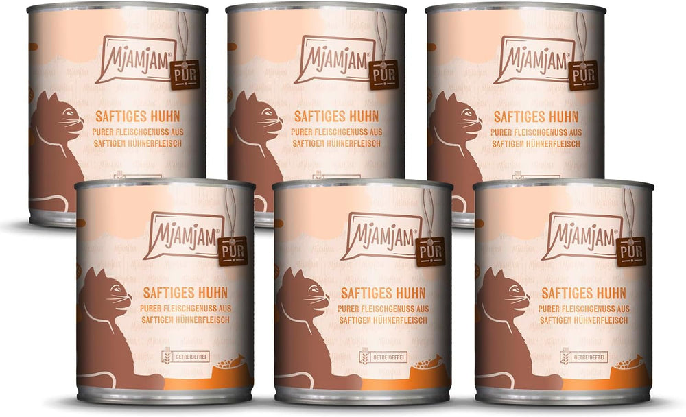 MjAMjAM - Hrană umedă premium pentru pisici - plăcere pură cu carne - pui suculent, pachet de 6 (6 x 800 g), fără cereale cu extra carne