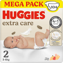 Scutece Huggies Extra Care pentru bebeluși, mărimea 2 (3-6 kg), foarte absorbante, design Disney, Mega Pack, 104 bucăți