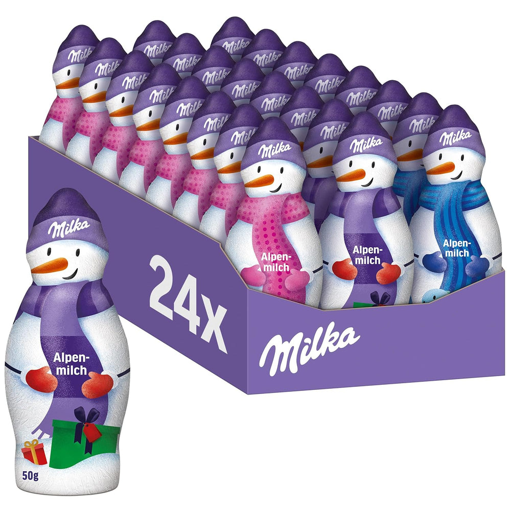 Milka Om de zăpadă Alpine Milk – Pachet mare cu figurine de oameni de zăpadă din ciocolată în 3 modele – 24 x 50g