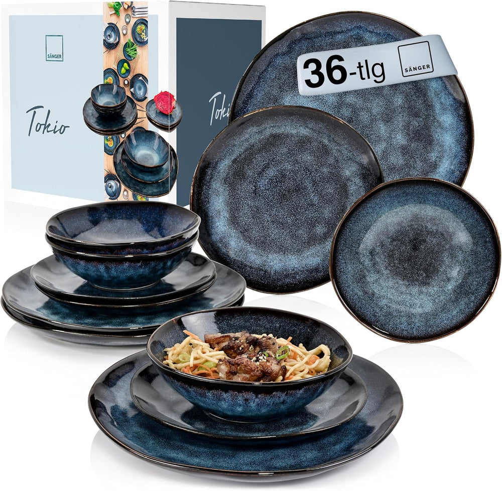 Sänger | Set de veselă Tokyo cu 36 de piese, veselă pentru 12 persoane, set de veselă din gresie, modern lucrat manual, veselă albastru închis cu accente negre | COLECȚIA PREMIUM