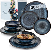 Sänger | Set de veselă Tokyo cu 36 de piese, veselă pentru 12 persoane, set de veselă din gresie, modern lucrat manual, veselă albastru închis cu accente negre | COLECȚIA PREMIUM