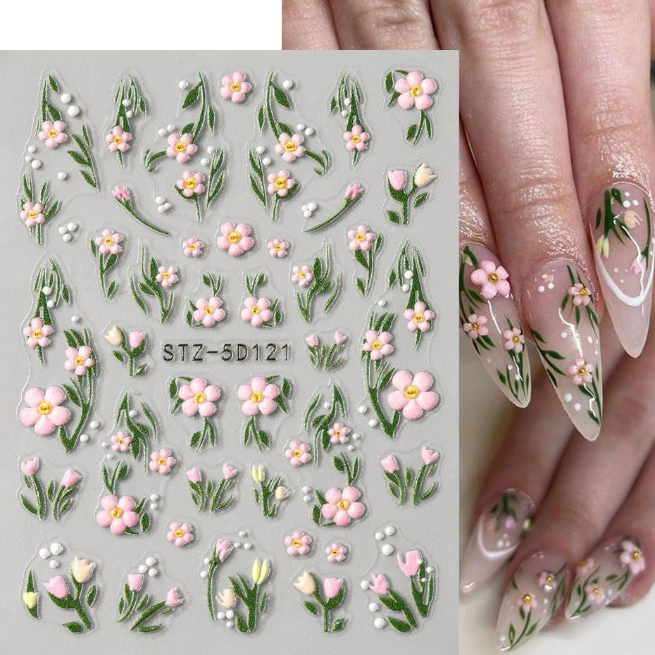 JMEOWIO 3D Nagelsticker Blumen Frucht Nail Art Sticker Selbstklebend Nagelaufkleber 5D Stereoskopisch Dekoration Nageldesign Zubehör 4 Blatt