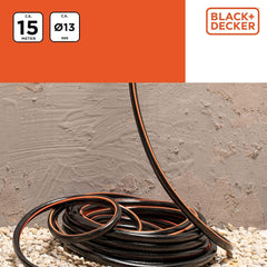Furtun de grădină BLACK+DECKER 15 metri - Ø13MM - PVC durabil - Udarea grădinii, spălarea mașinii, umplerea piscinei - Compatibil cu orice robinet standard - Negru/Portocaliu
