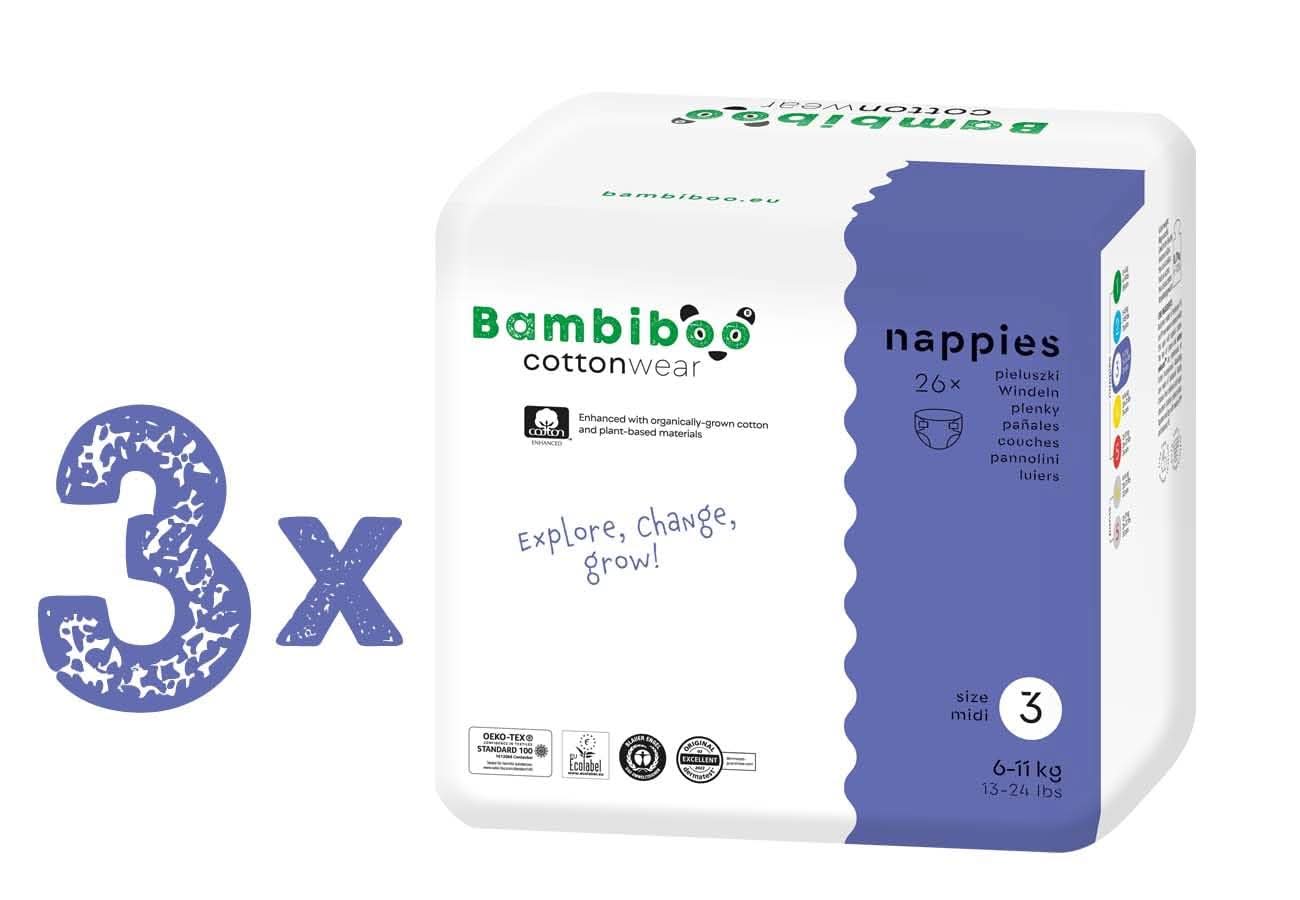 Bambiboo Scutece pentru copii - COTTONWEAR - Scutece de unică folosință pentru copii din bumbac organic și țesături pe bază de plante cu buric decupat Mama si Copilul Naty Shop Scutece, mărimea 3, 78 bucăți