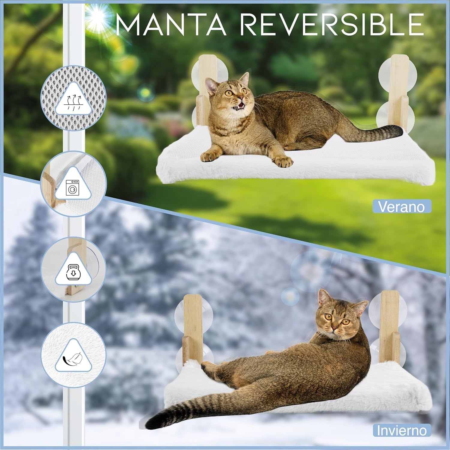 Hamac pentru pisici, fereastră, din lemn, pliabil, pat pentru pisici, pervaz, cu pătură reversibilă pentru iarnă și vară, hamac pentru pisici cu 4 ventuze, pat pentru pisici cu fereastră pentru pisici și