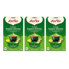 Yogi Tea - Ceai verde cu ghimbir și lămâie, ceai ayurvedic organic cu condimente și plante, amestec de ceai verde, ghimbir și lămâie, pachet de 3 ceaiuri Yogi, 3X17 pliculețe (51 pliculețe de ceai în total), ideal ca cadou