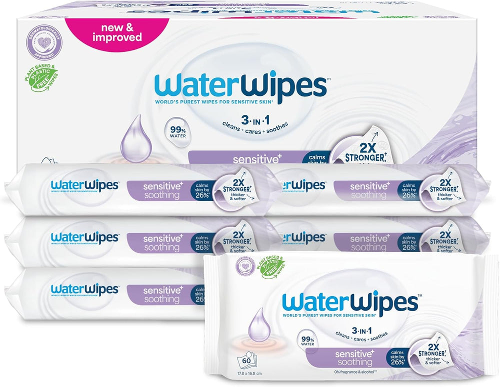 Șervețele umede WaterWipes Sensitive+ Soothing Clean, 360 bucăți (6 pachete), curățare, îngrijire și calmare 3 în 1, 99% apă cu extract de plante, șervețele umede pentru bebeluși fără parfum