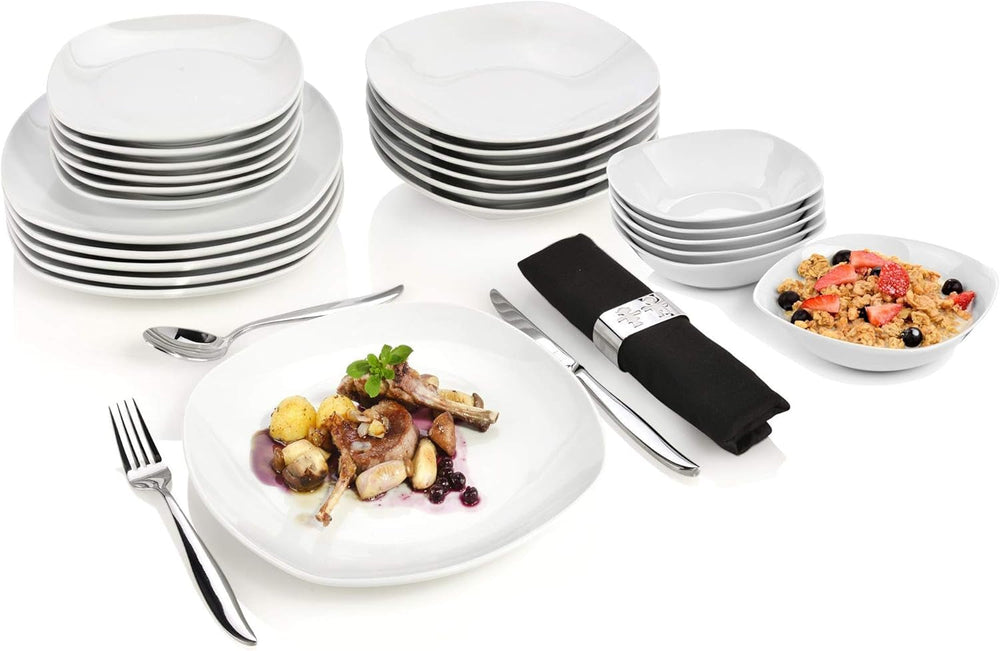 SÄNGER | Set de veselă Bilgola alb, Set de veselă din porțelan cu 24 de piese pentru 6 persoane, Farfurii pătrate, Farfurii de cină | COLECȚIA PREMIUM