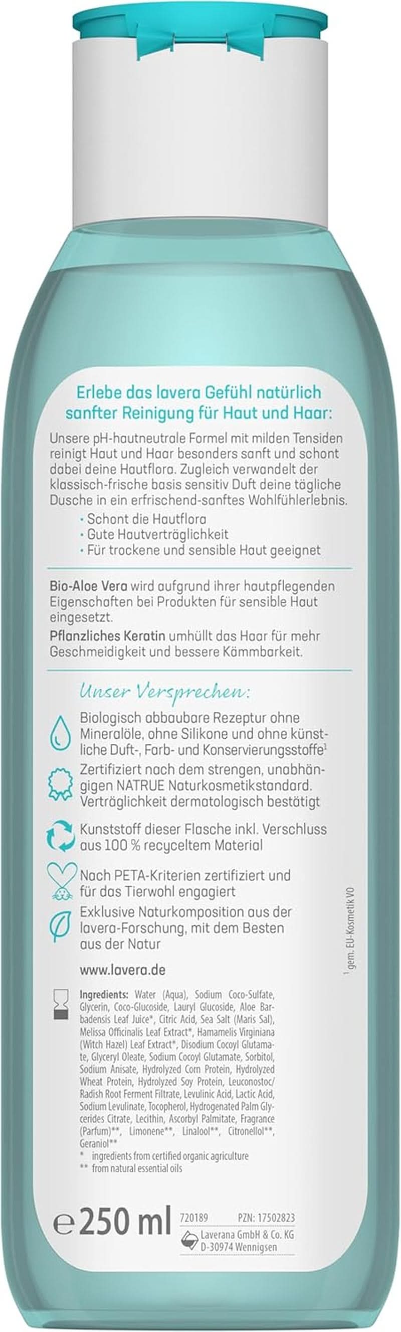 Lavera Care Basis Sensitiv 2 în 1, Șampon și gel de duș cu aloe vera bio și keratină vegetală, 250 ml Duș și baie Naty Shop
