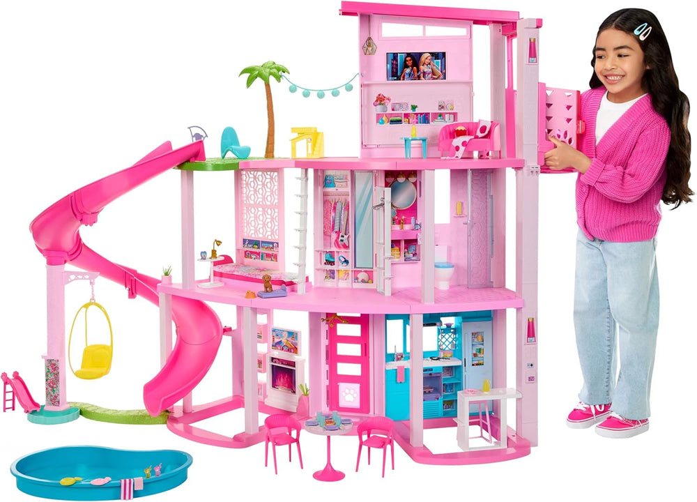 Barbie Dream Villa, casă Barbie cu 3 etaje cu 10 zone de joacă, inclusiv piscină, tobogan, lift, 75 de accesorii pentru păpuși, cățeluș de jucărie, jucărie pentru copii cu vârsta de peste 3 ani, HMX10 Casute de papusi Naty Shop Casă de păpuși Vilă de vis piscină petrecere casă de păpuși