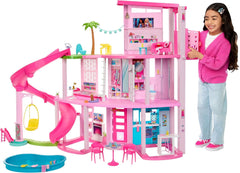 Barbie Dream Villa, casă Barbie cu 3 etaje cu 10 zone de joacă, inclusiv piscină, tobogan, lift, 75 de accesorii pentru păpuși, cățeluș de jucărie, jucărie pentru copii cu vârsta de peste 3 ani, HMX10 Casute de papusi Naty Shop Casă de păpuși Vilă de vis piscină petrecere casă de păpuși