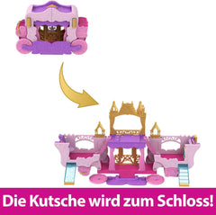 Mattel Disney Princess Transformation Playset Carriage to Castle cu păpușă mică Aurora, 3 niveluri, 6 zone de joacă, 4 figurine, mobilier și accesorii HWX17