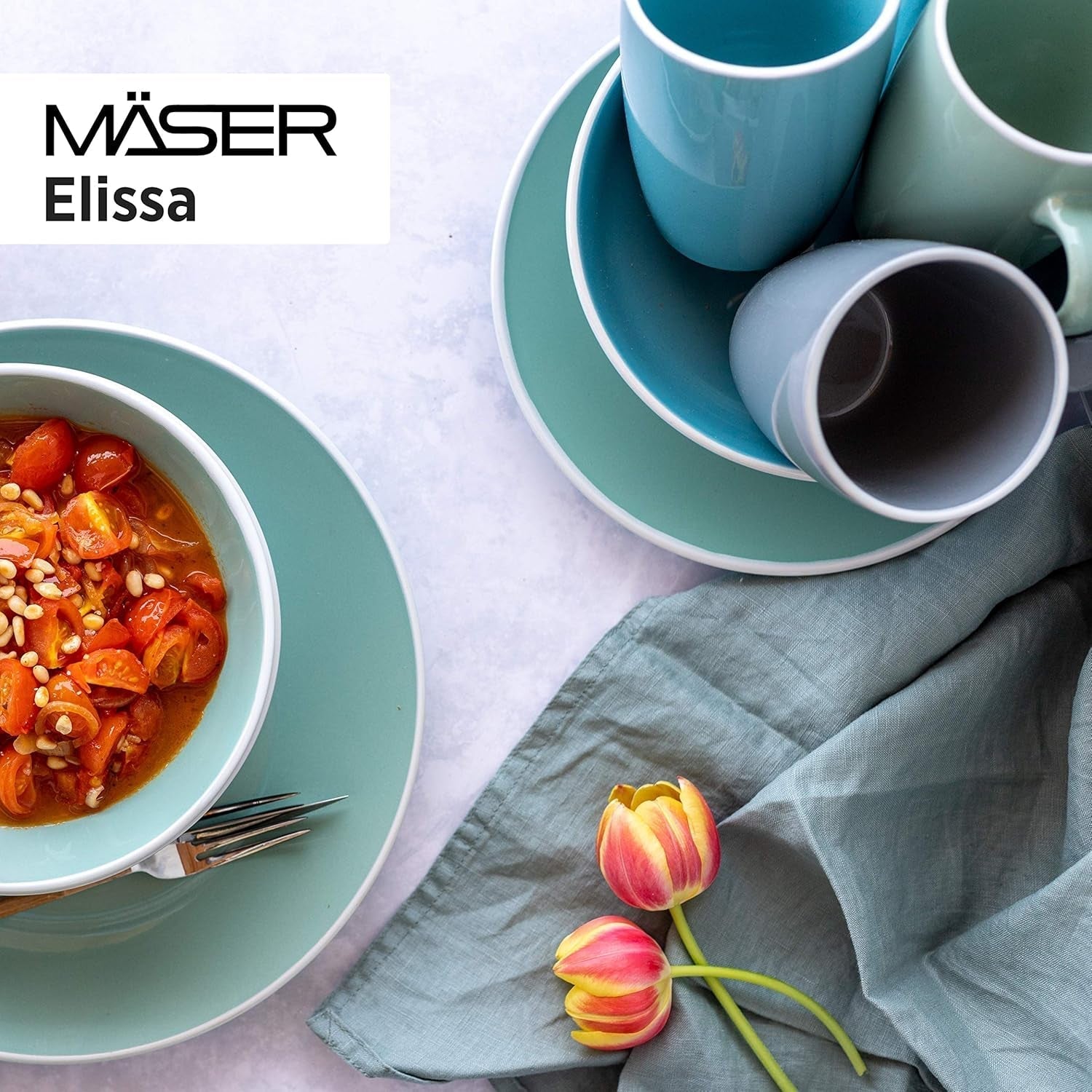 MÄSER 931770 Serie Elissa Modernes Geschirr Set Für 6 Personen in Türkis Mit Weißem Rand, 24-Teiliges Kombiservice, Steinzeug Seturi vesela masa Naty Shop