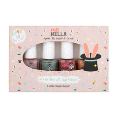 Set de ojă cu sclipici Miss Nella Magic Collection, 4 piese: roz, roșu, auriu și albastru, ojă detașabilă specială pentru copii, non-toxică, pe bază de apă și inodoră