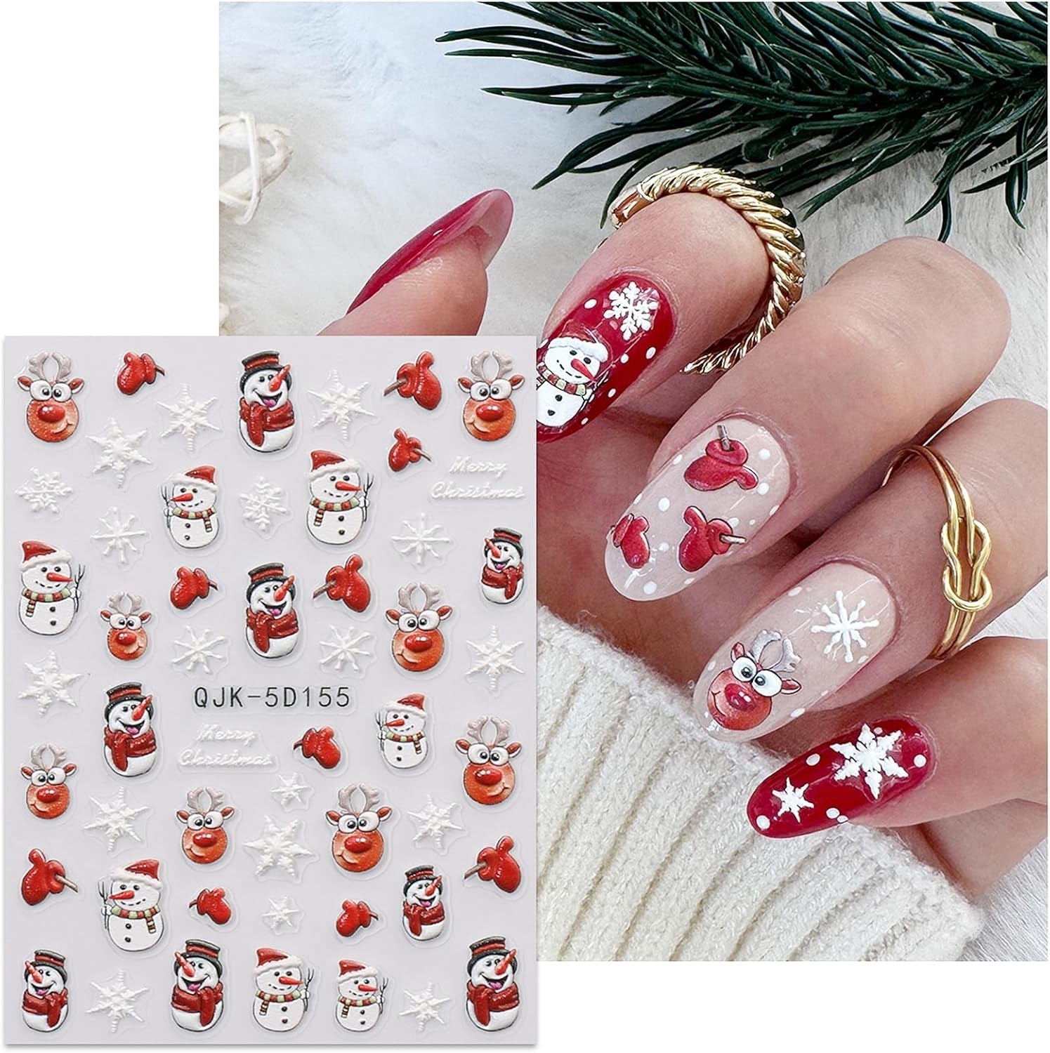 JMEOWIO 3D Nagelsticker Weihnachten Nail Art Sticker Selbstklebend Nagelaufkleber 5D Stereoskopisch Schneeflocke Xmas Winterurlaub Niedlich Dekoration Nageldesign Zubehör 4 Blatt