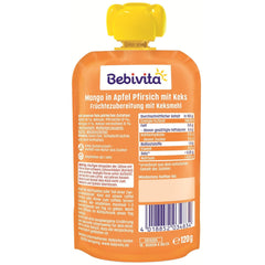 Mango în sos de mere și piersici cu plic de biscuiți (6 x 120g), fără zahăr adăugat, preparat din fructe blânde și cereale valoroase, ideal pentru gustări la pachet și pentru deplasare.