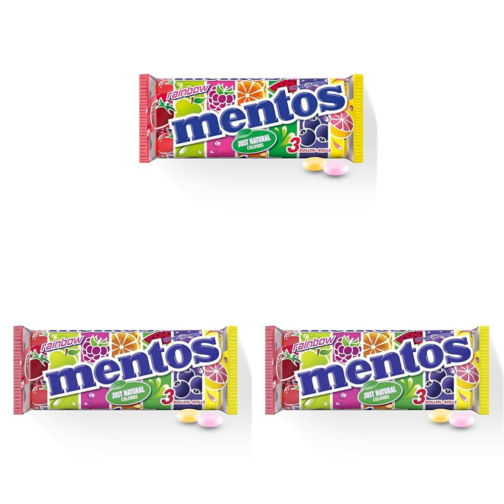 Mentos Fruit Dragees, Bomboane cu Fructe Portocale, Lămâie și Căpșuni, Bomboane Chewy cu Aromă de Fructe, Dulciuri (3 Role), Vegane (Pachet de 3)
