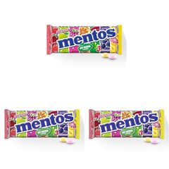 Mentos Fruit Dragees, Bomboane cu Fructe Portocale, Lămâie și Căpșuni, Bomboane Chewy cu Aromă de Fructe, Dulciuri (3 Role), Vegane (Pachet de 3)