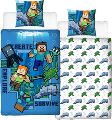 Minecraft Bettwäsche Kinderbettwäsche Jugendbettwäsche 135X200 · Unterwasserwelt · Wende Motiv · Kissenbezug 80X80 + Bettbezug 135X200 Cm · 100% Baumwolle · Deutsche Größe Naty Shop
