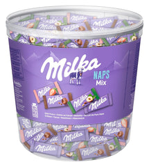 Milka Naps Mix – Mini pătrățele de ciocolată în 4 sortimente: Lapte Alpin, Căpșuni, Alune, Cremă de Cacao – 1 x 1kg